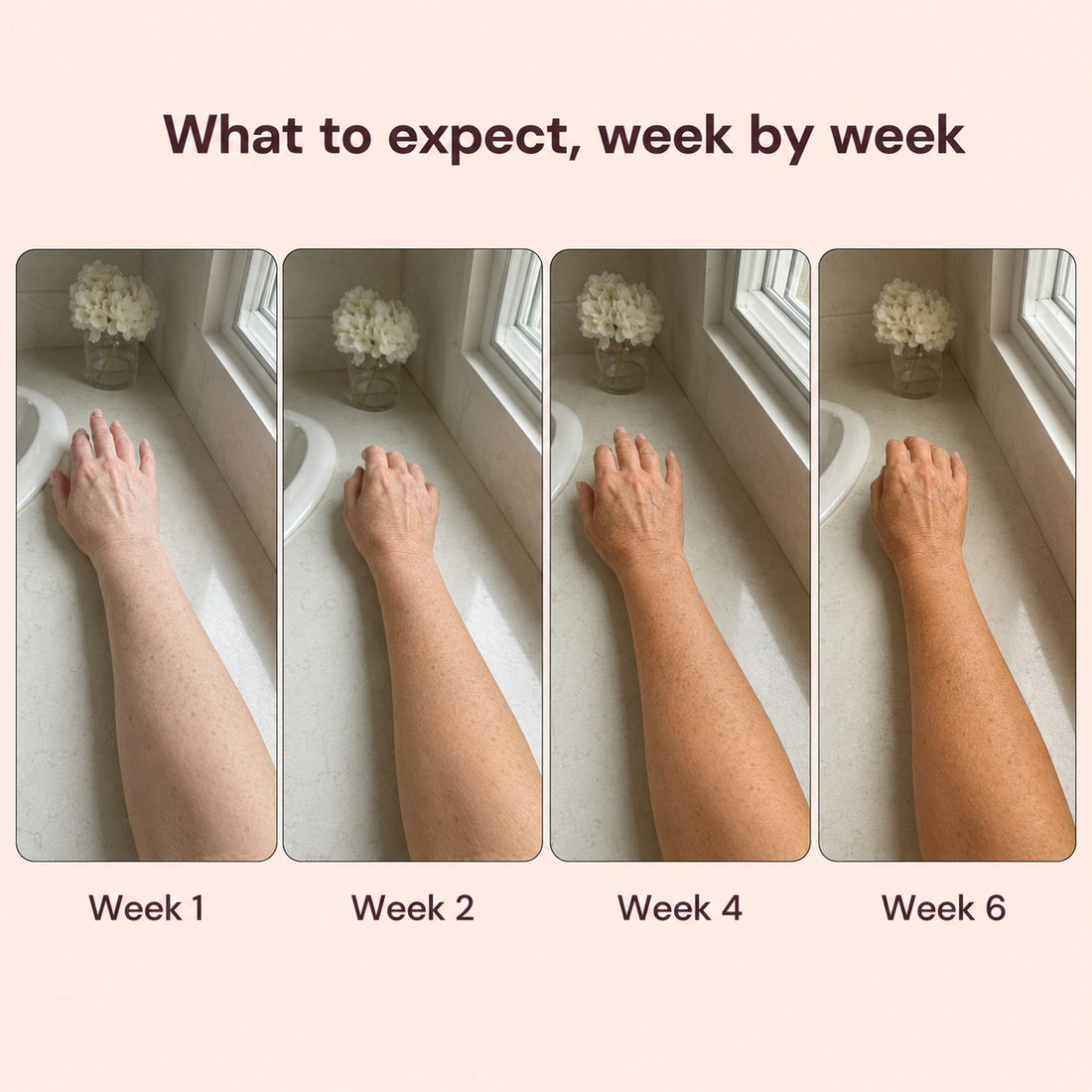Weekly tan progress from week 1 to week 6