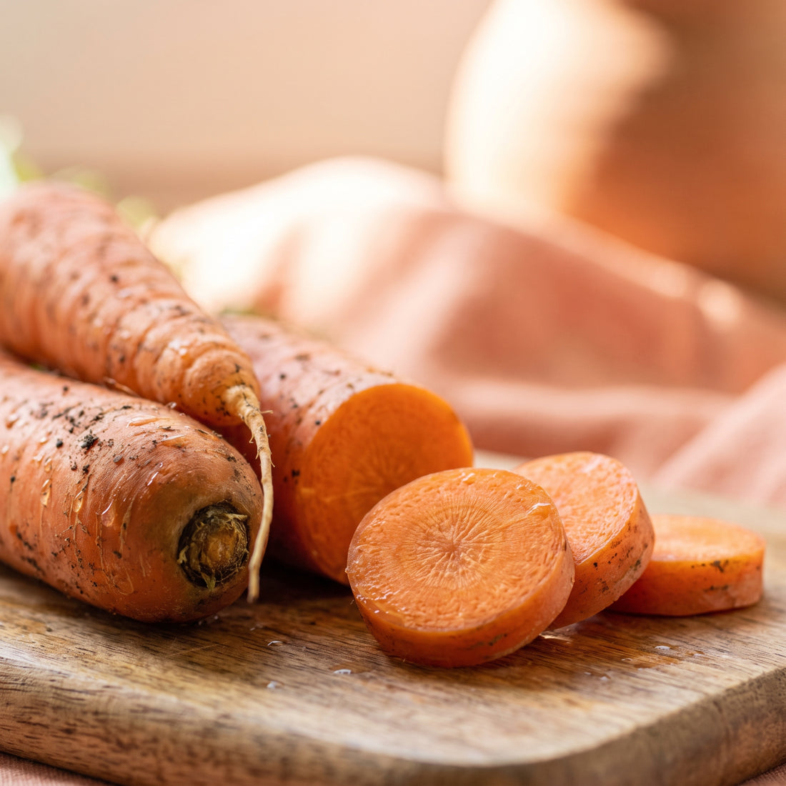 Fresh carrots and carrot cross-sections, warm macro