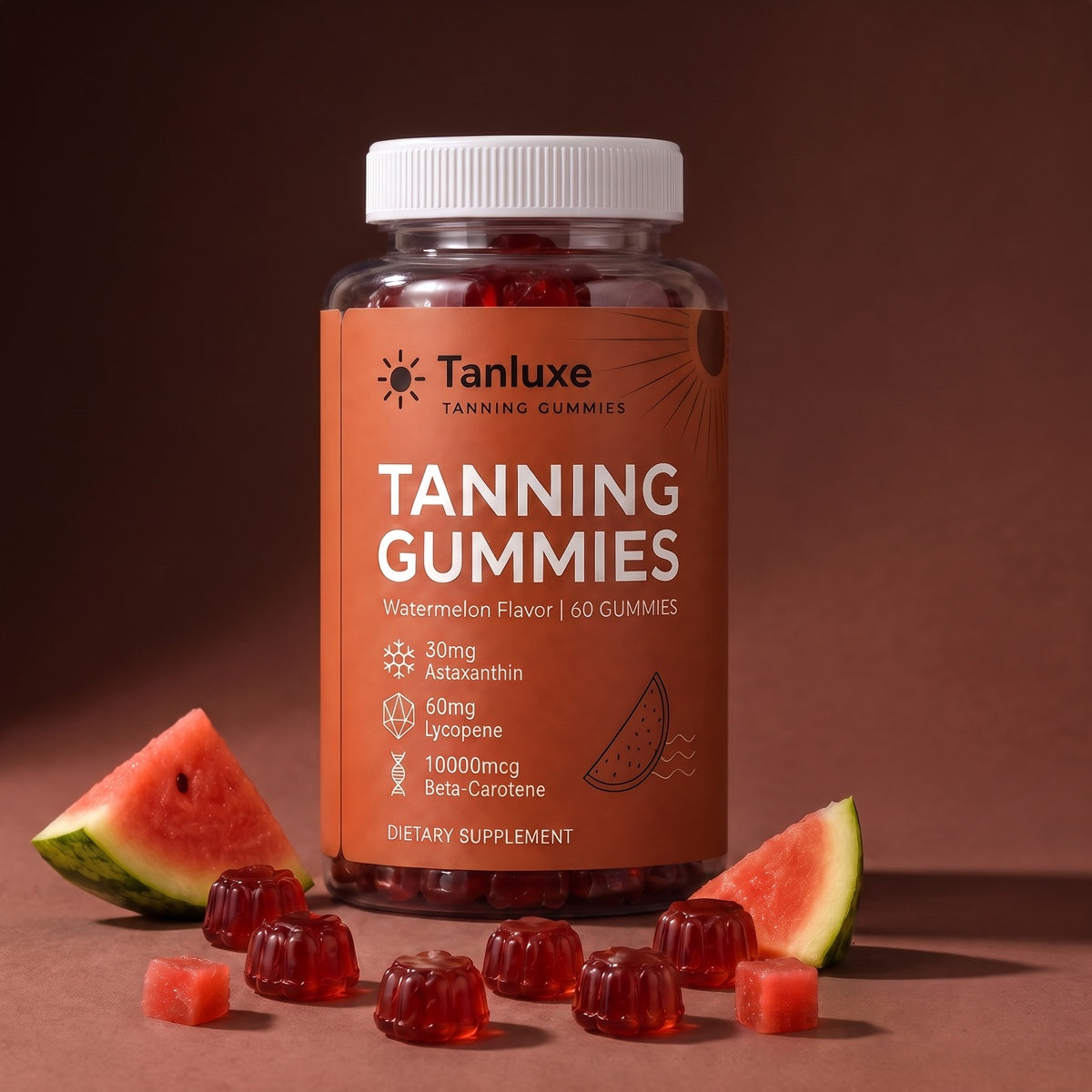 Tanluxe jar and golden gummies on a warm rosewood studio backdrop