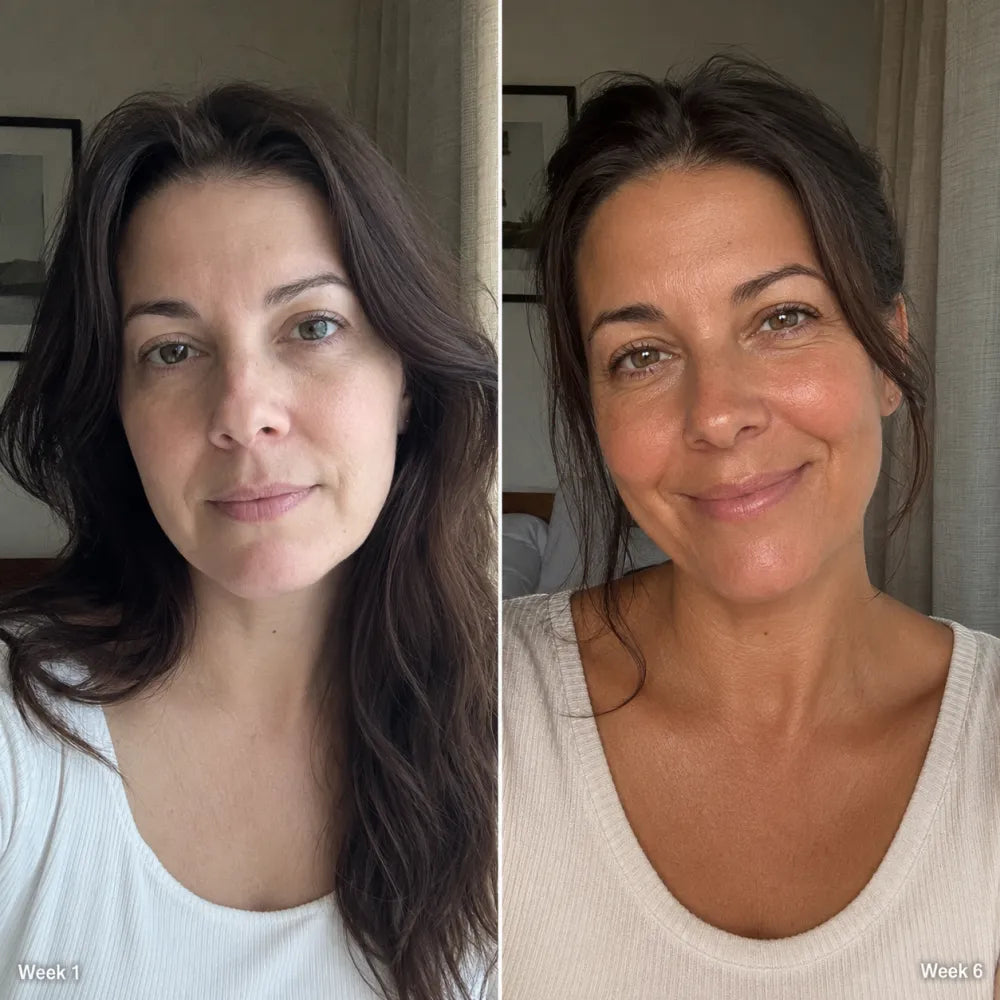 Real customer weeks apart — pale to an even, golden tan that reads real, not orange