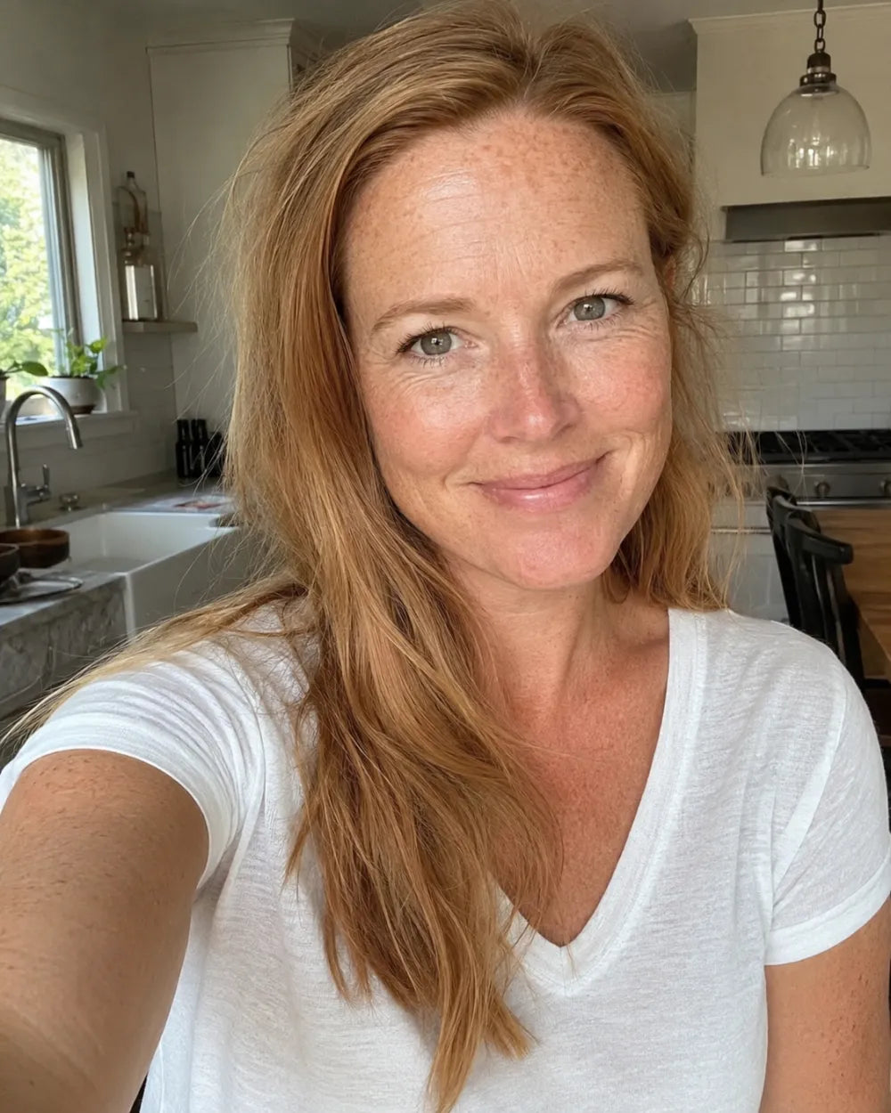 A fair, freckled woman with a soft, believable golden glow