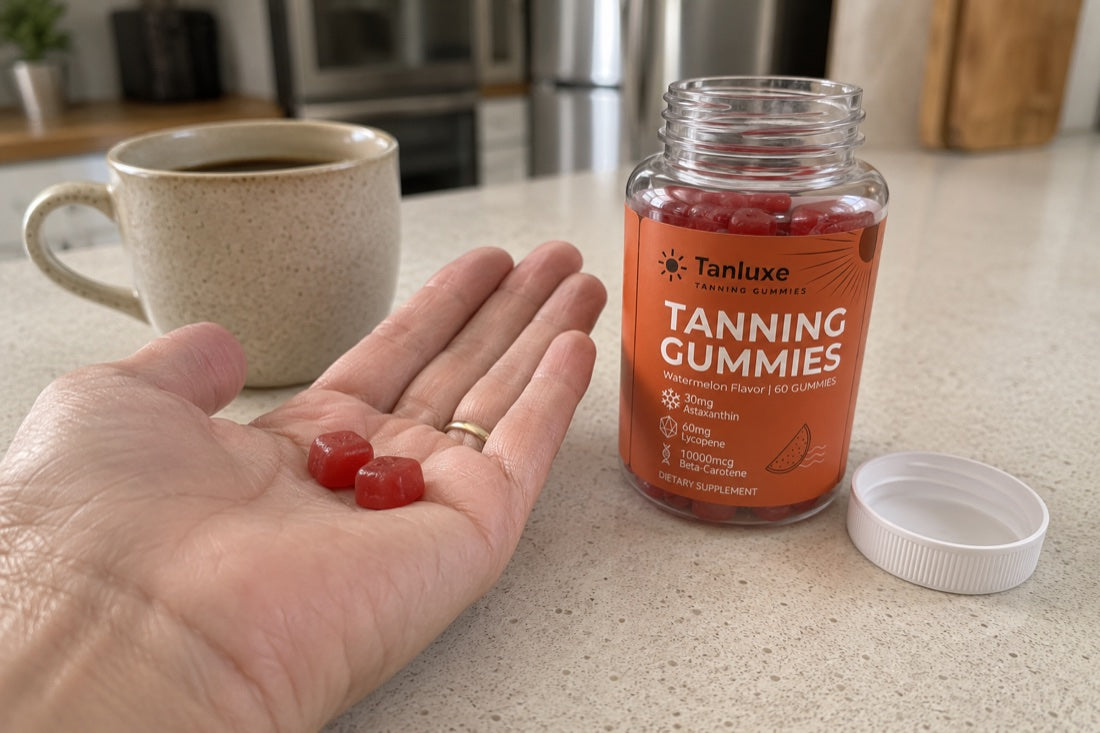 Step 2 — two gummies in hand next to the bottle and a morning coffee