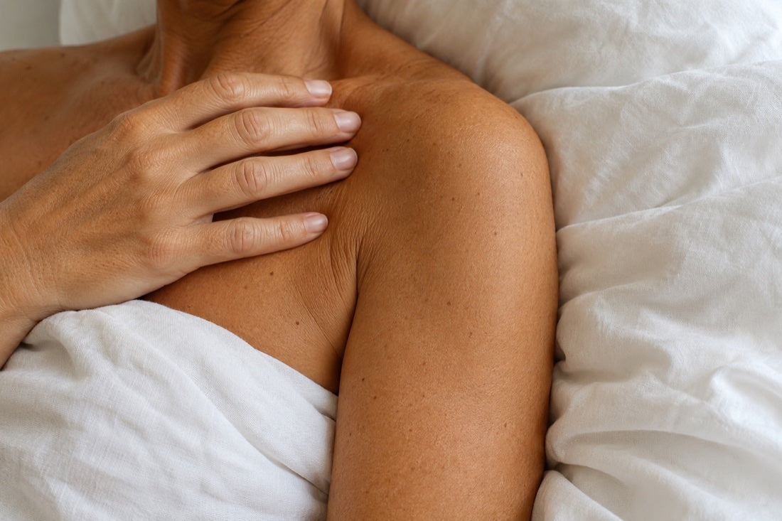 Step 3 — an even, golden tan on the shoulder against white linen